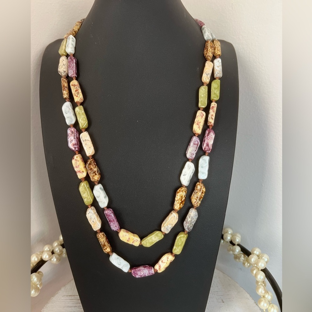 Vintage Czech Glass Picasso Bead Necklace 48” B28
